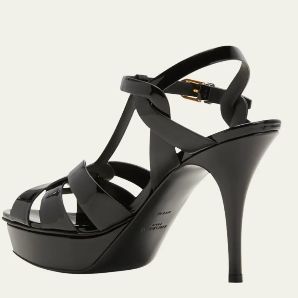 Yves Saint Laurent Tribute Sandals - Glossy Black Patent Leather